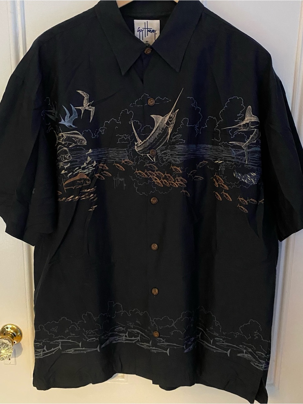 Guy Harvey By Aftco Shirt Mens L Black Fishing Swordfish Print Ocean Front Back